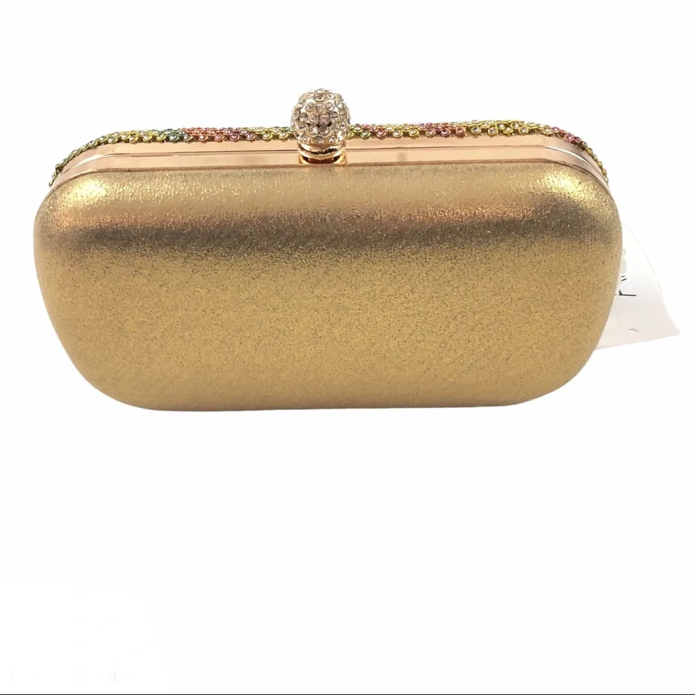 Alessia Gold & Colorful Rhinestone Oval Shaped Clutch With Gold Chain. NEW - Picture 4 of 6